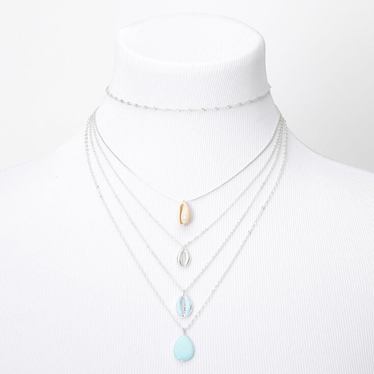 Silver Cowrie Seashell Multi Strand Necklace - Mint,