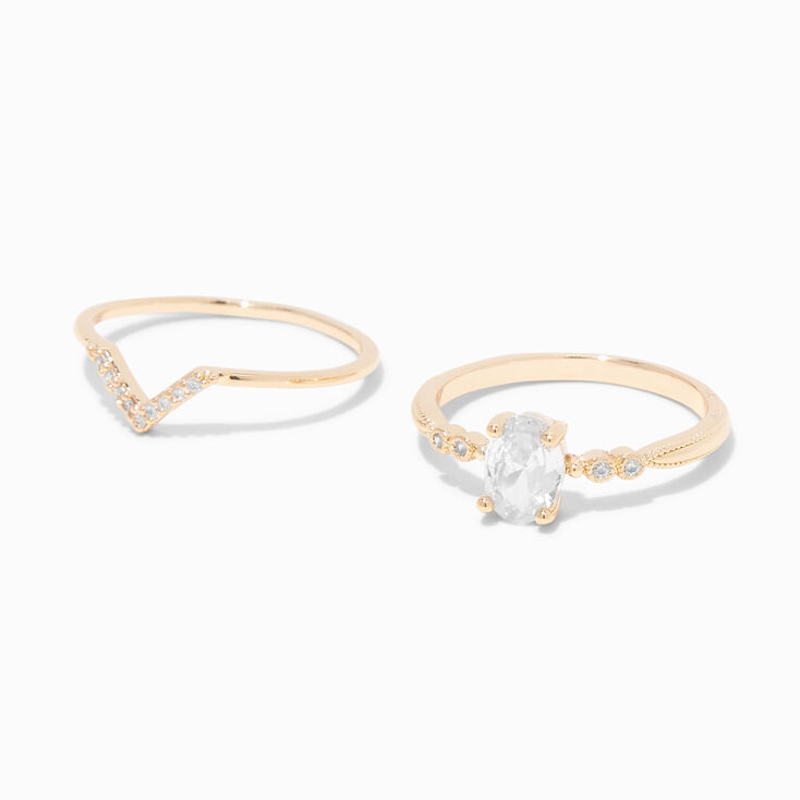 Gold Cubic Zirconia Oval Chevron Rings - 2 Pack,