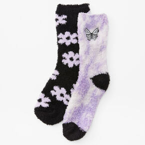 Cozy Purple Butterfly Crew Socks - 2 Pack,