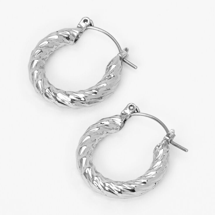Silver 10MM Textured Hinge Hoop Earrings,