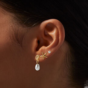 Gold-tone Seashell Earrings Stack - 3 Pack,