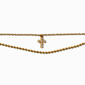 Gold-tone Crystal Cross Stainless Steel Multi-Strand Chain Anklet,