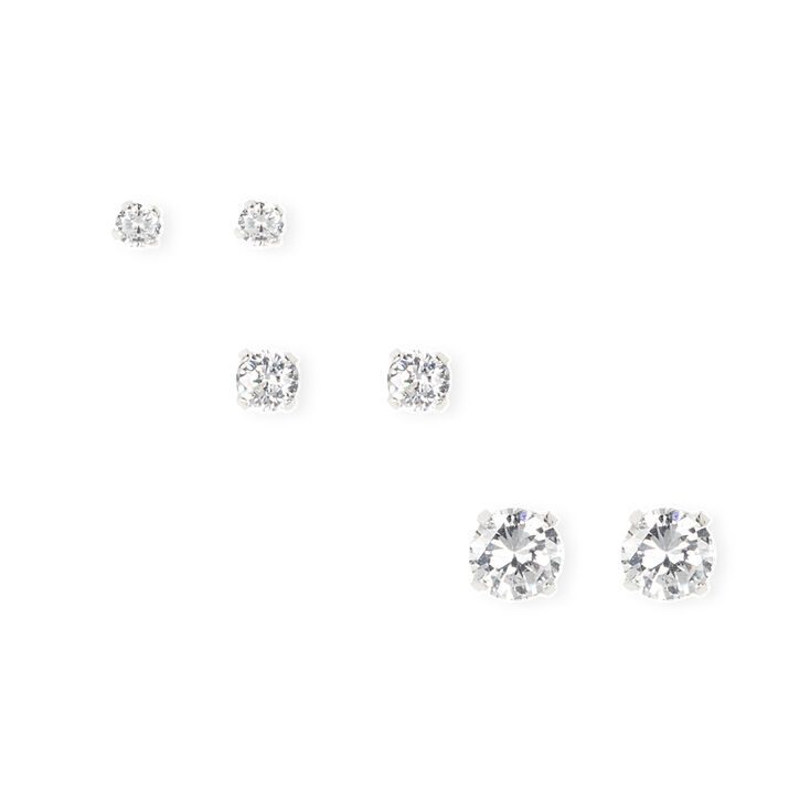 Silver Cubic Zirconia Round Martini Set Stud Earrings  - 3MM, 4MM, 6MM,