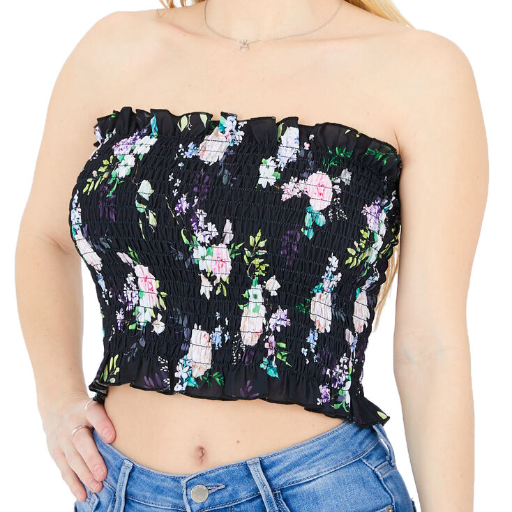 Floral Smocked Tube Top - Black,