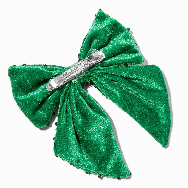 Green Velvet Sequin Large Hair Bow Clip,