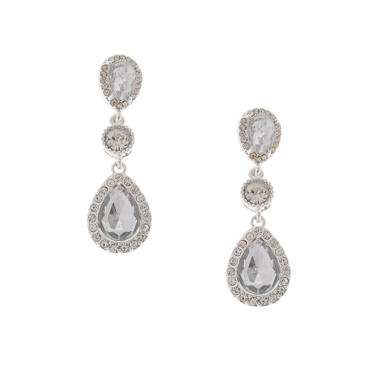 Silver Rhinestone 2" Teardrop Drop Earrings,