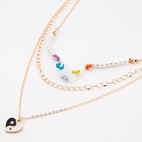 Gold Heart Yin Yang &amp; Daisy Multi Strand Choker Necklace,