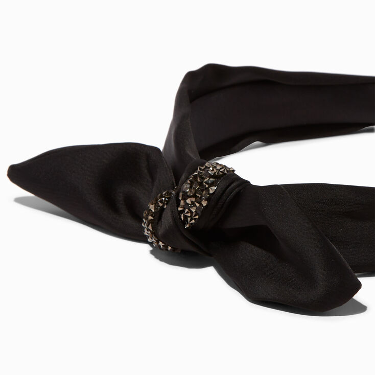 Black Embellished Satin Knotted Bow Headband,