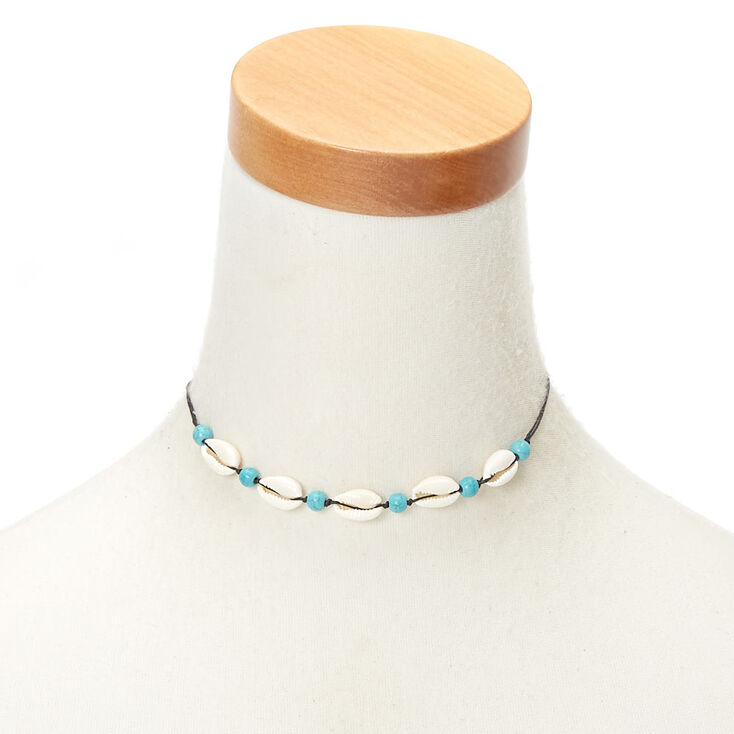 Cowrie Shell Bead Choker Necklace - Turquoise,