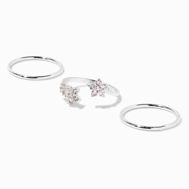 Silver Cubic Zirconia Floral Ring Set - 3 Pack,