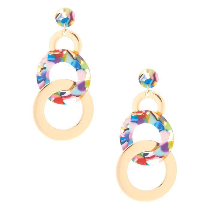 Gold 3.5" Resin Circle Drop Earrings - Rainbow,