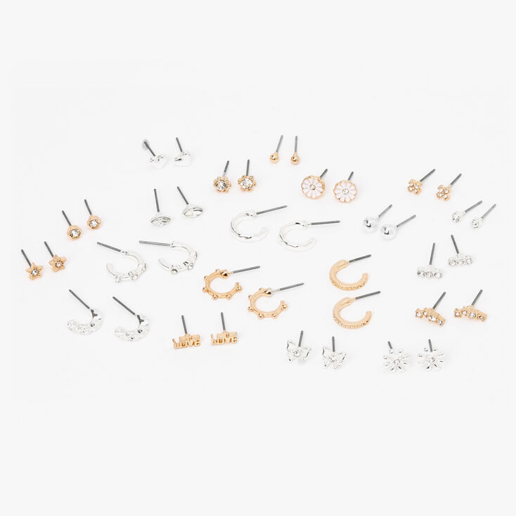 Mixed Metal Floral Love Stud &amp; Hoop Earrings - 20 Pack,