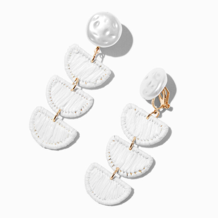 White Half Moon Raffia 3&quot; Clip-On Drop Earrings,