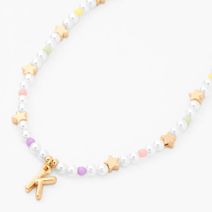Gold Star &amp; Pastel Pearl Initial Pendant Necklace - K,
