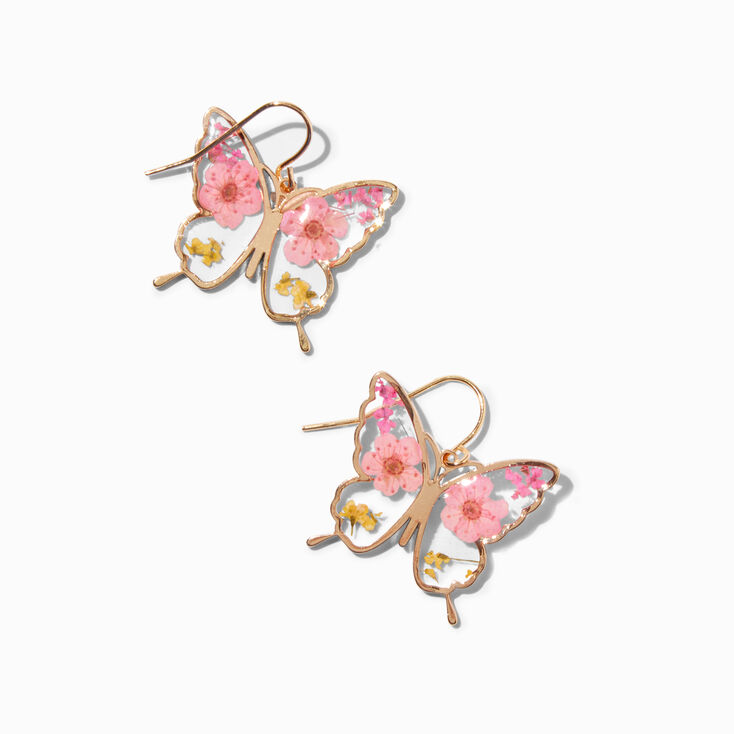 Gold-tone Pressed Flowers Butterfly 1&quot; Drop Earrings ,