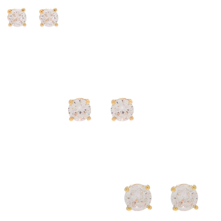 Gold-tone Cubic Zirconia 4MM, 5MM, 6MM Round Stud Earrings - 3 Pack,