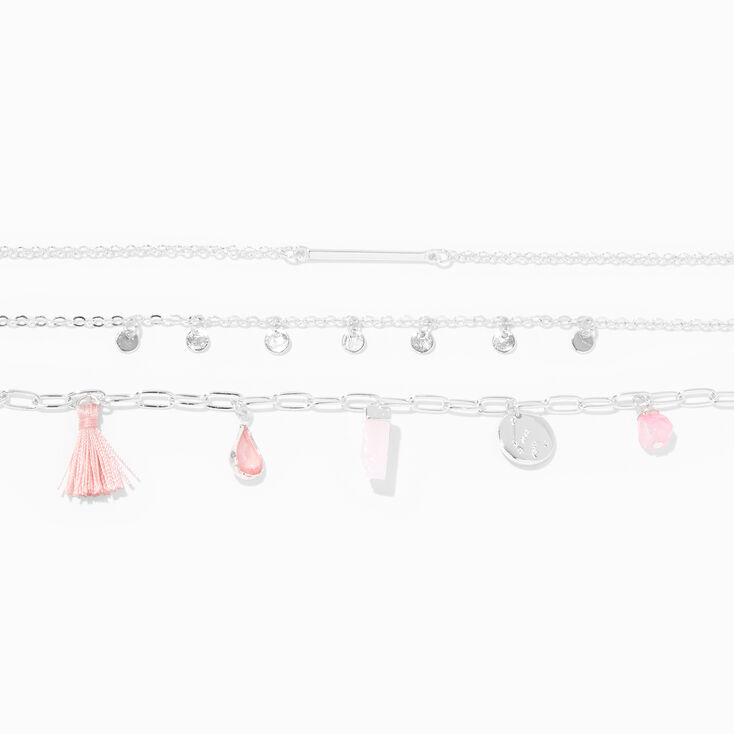 Blush Pink Charm Silver Chain Bracelets - 3 Pack,
