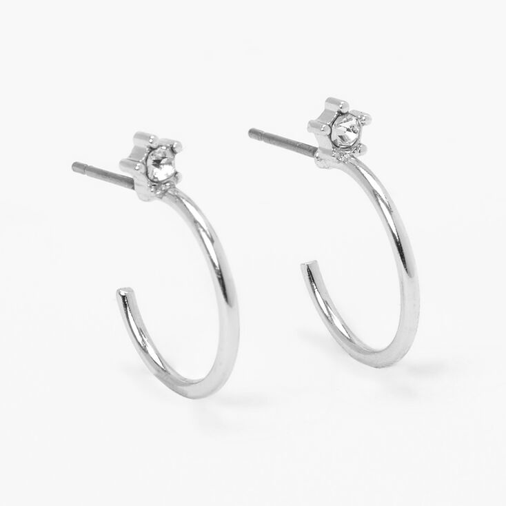 Silver 15 MM Crystal Star Half Hoop Earrings,
