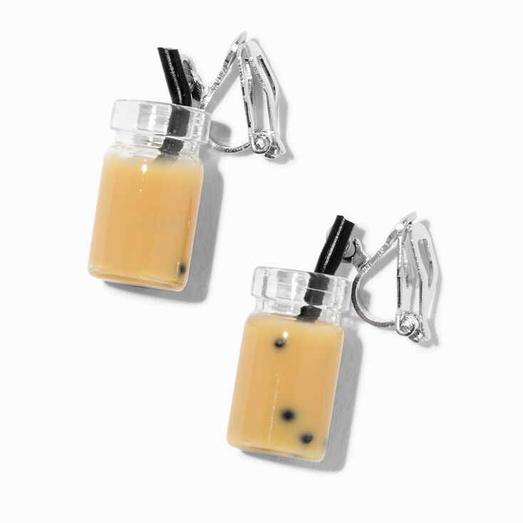 Silver 1&quot; Brown Bubble Tea Clip-On Drop Earrings,