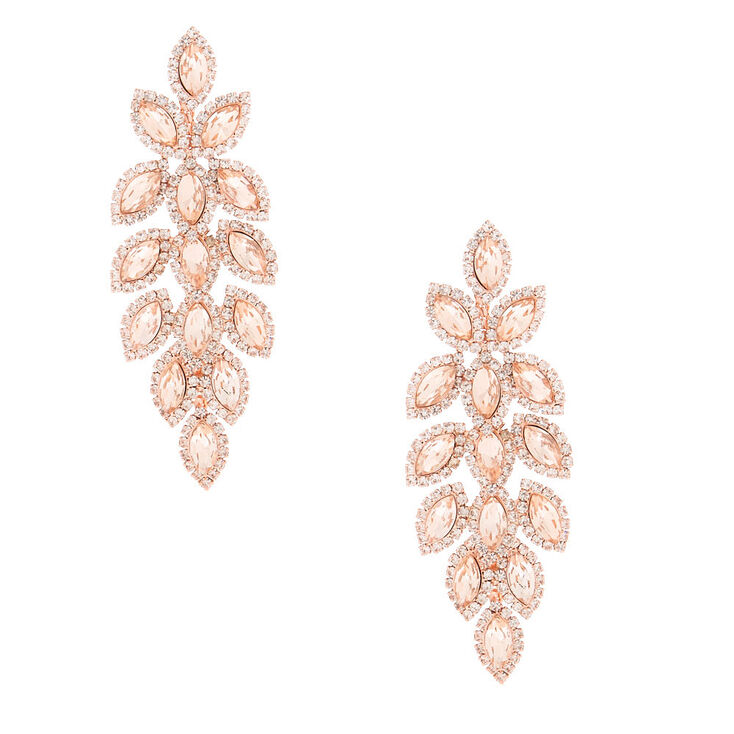 Rose Gold Rhinestone 3" Leaf Chandelier Drop Earrings,