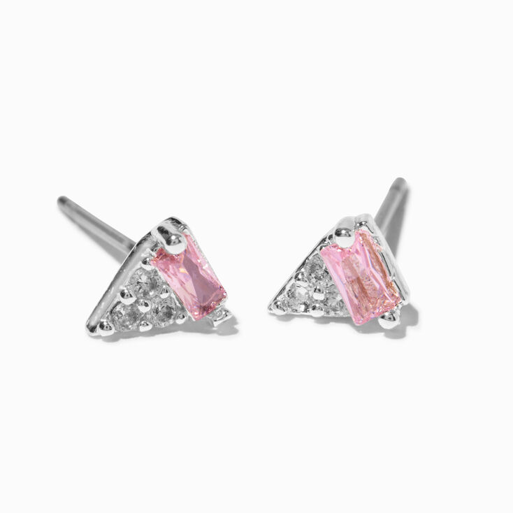 Silver-tone Cubic Zirconia Pink Triangle Stud Earrings,