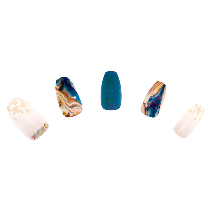 Blue & Gold Marble Faux Nail Set - 24 Pack,
