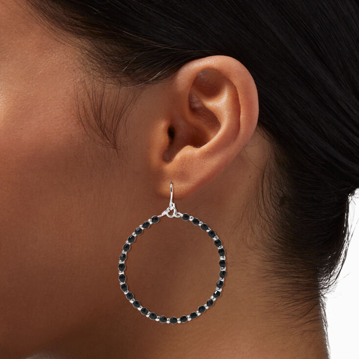 Silver Black Beads 1&quot; Hoop Drop Earrings,