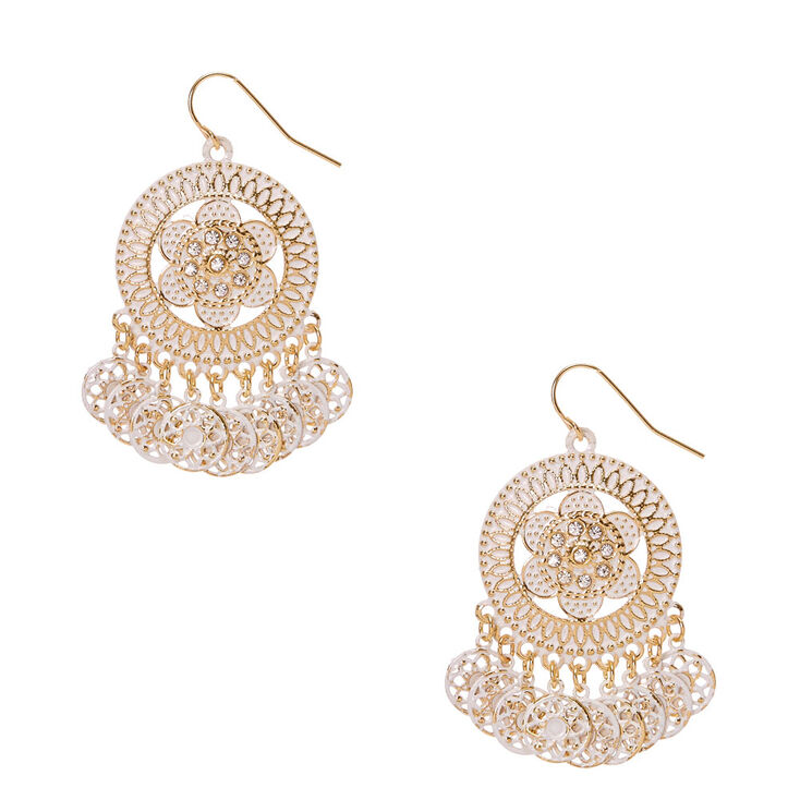 Gold Tone & Ivory Medallion Drop Earrings,
