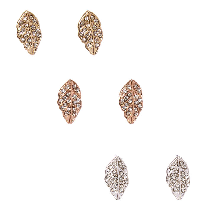 Mixed Metal Rhinestone Studded Leaf Stud Earrings,