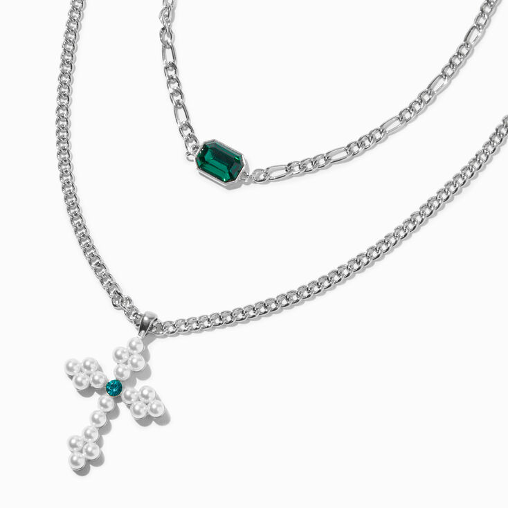Silver-tone Pearl Cross Emerald Multi-Strand Necklace,