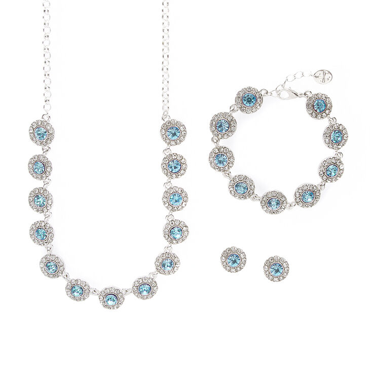 Pavé Rhinestone & Aquamarine Crystal Circles Statement Necklace, Bracelet & Stud Earrings Set,