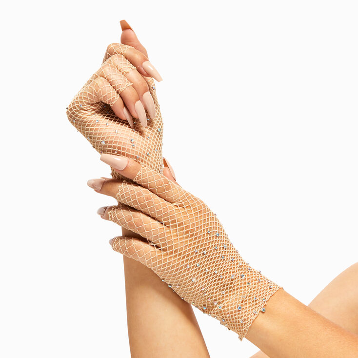 Nude Rhinestone Fishnet Arm Warmers,