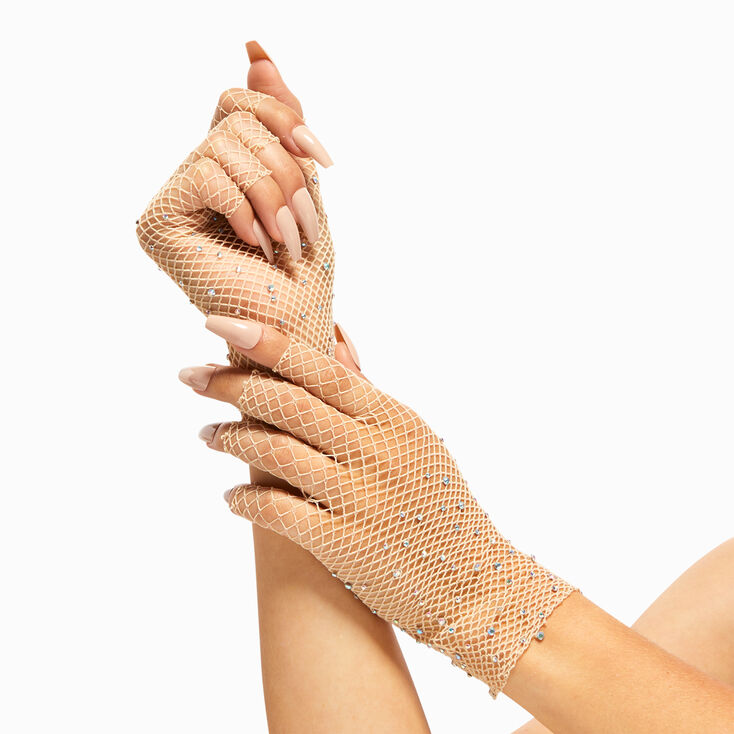 Rhinestone Fishnet Arm Warmers - Nude,