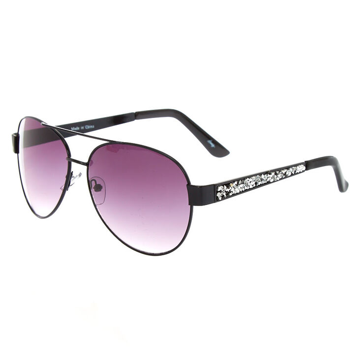 Black & Silver Gem Aviator Sunglasses,