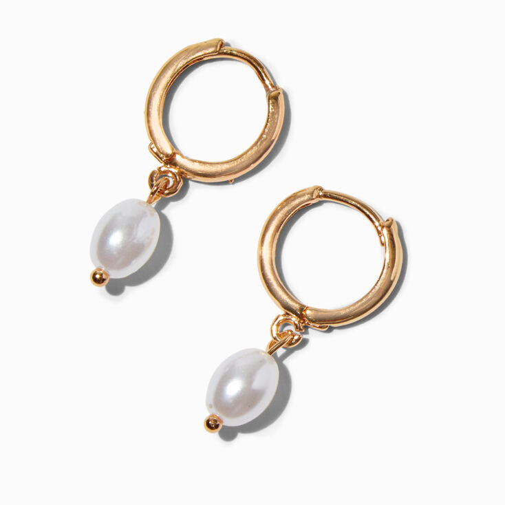 Gold 10MM Pearl Huggie Hoop Earrings,