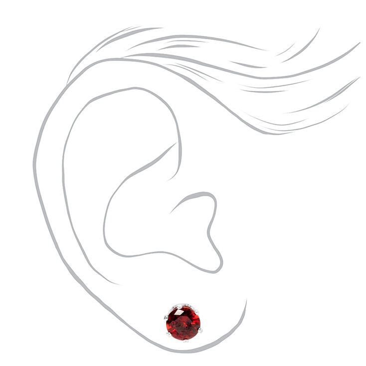 Silver Cubic Zirconia Round Stud Earrings - Ruby, 7MM,