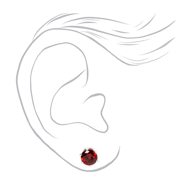 Silver Cubic Zirconia Round Stud Earrings - Ruby, 7MM,