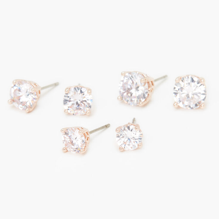 Rose Gold Cubic Zirconia Round Stud Earrings - 6MM, 7MM, 8MM,