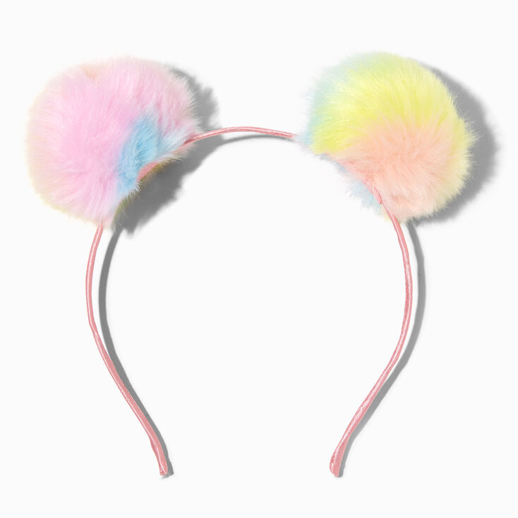 Pastel Rainbow Bear Furry Pom Pom Ears Headband,