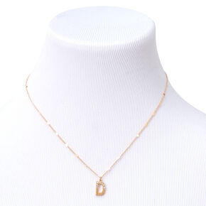 Gold Half Stone Initial Pendant Necklace - D,