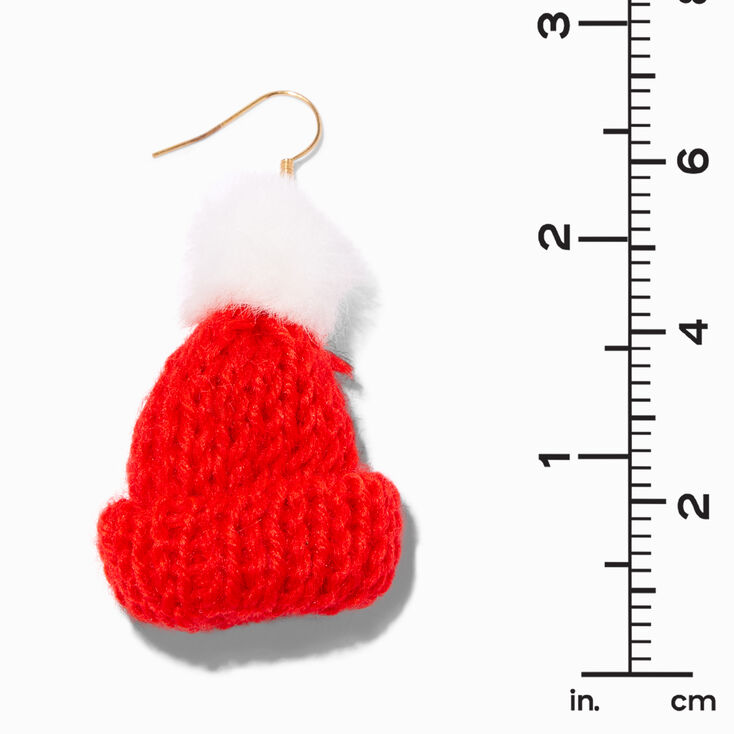 Red Winter Knit Hat 3&quot; Drop Earrings,