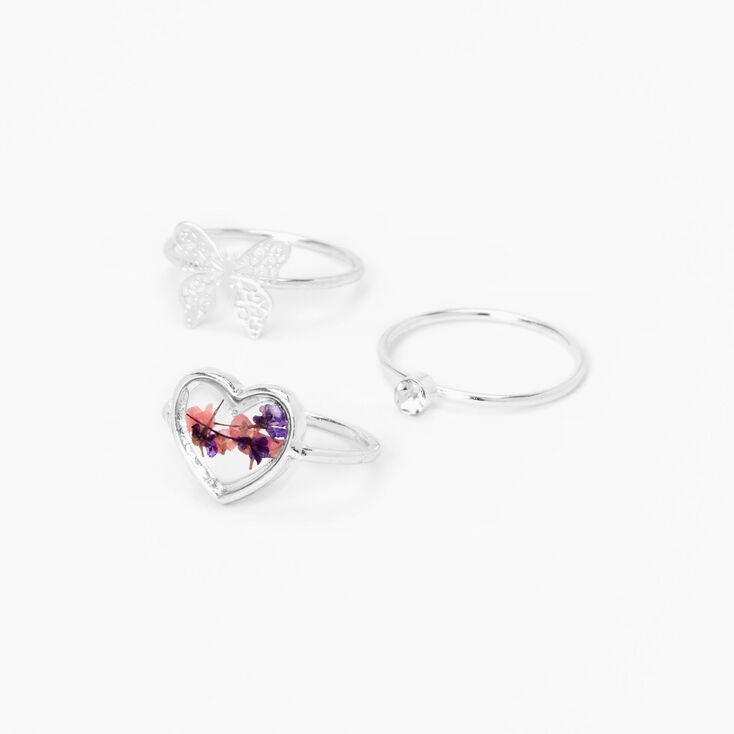 Silver Heart, Butterfly, &amp; Crystal Charm Rings - 3 Pack,