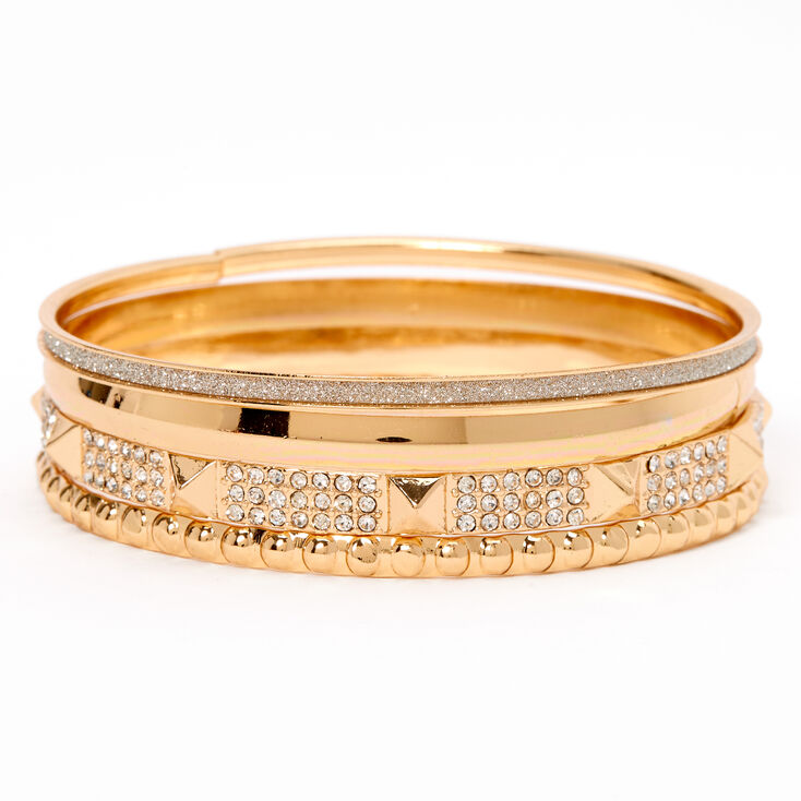 Gold Studded Rhinestone &amp; Glitter Bangle Bracelets - 4 Pack,