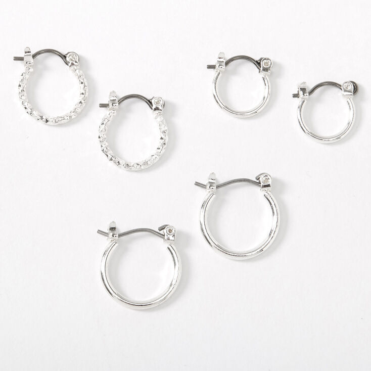 Silver Graduated Textured Hinge Hoop Earrings - 3 Pack,