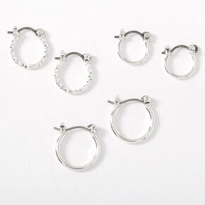 Silver Graduated Textured Hinge Hoop Earrings - 3 Pack,