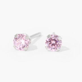 14kt White Gold 4mm October Pink Ice CZ Studs Ear Piercing Kit with Ear Care Solution,