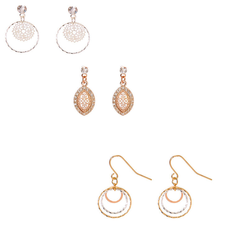 Mixed Metal 1" Filigree Drop Earrings - 3 Pack,