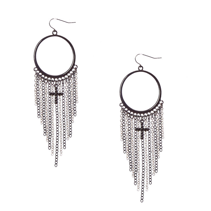 Black Gothic Hoop Chain Fringe Drop Earrings,
