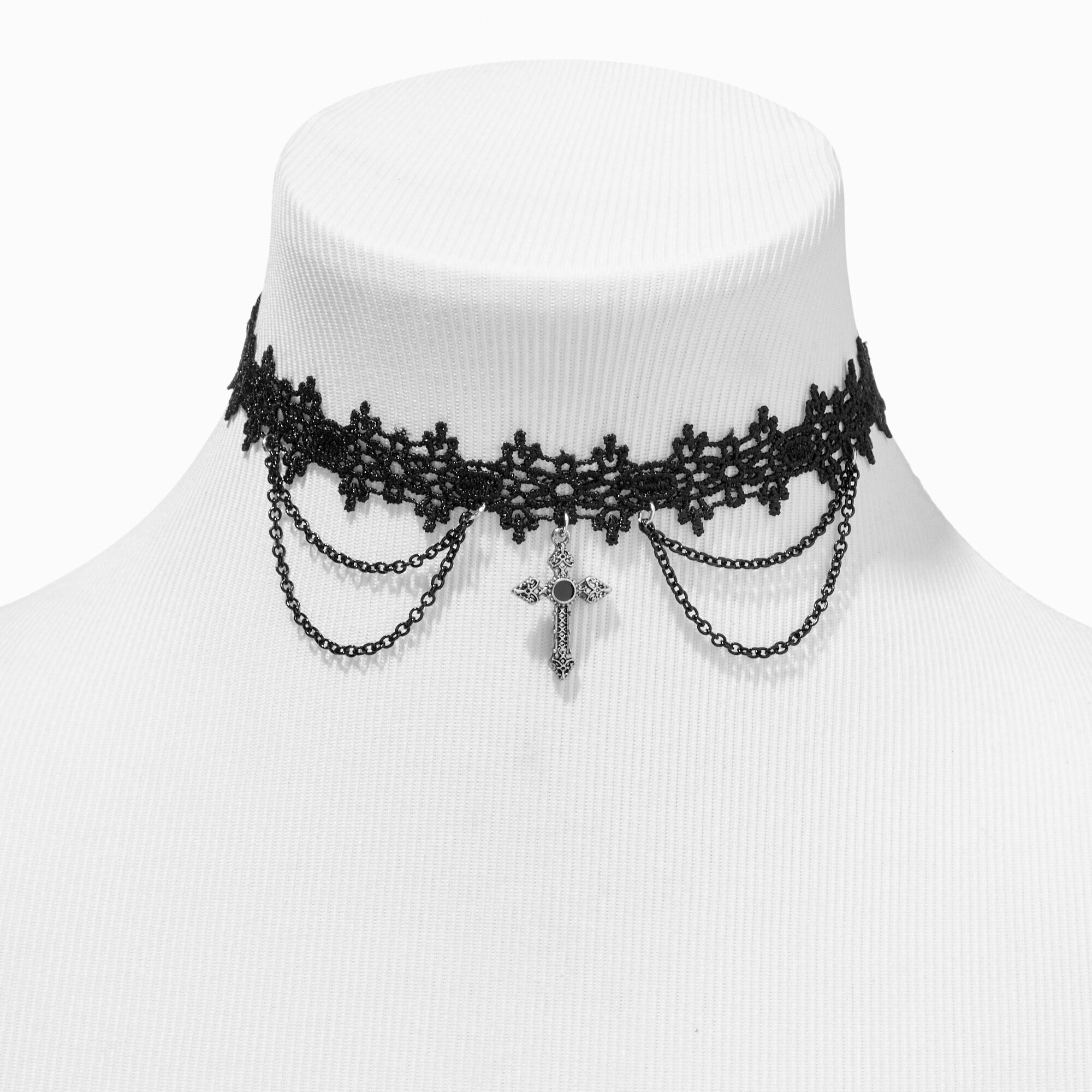Goth Bride Black Lace Cross Choker Necklace