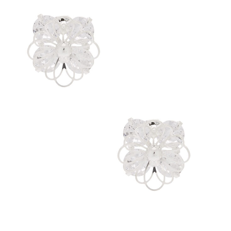 Silver-tone Cubic Zirconia Flower Stud Earrings,